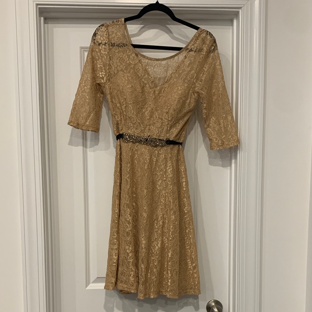 Fanny Fashion lace dress beige satin jeweled belt retro 50s S midi